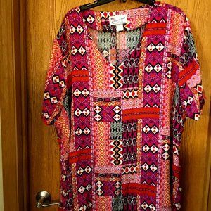 5X 'A PERSONAL TOUCH' RAYON TOP in JEWEL TONE GEO PRINT